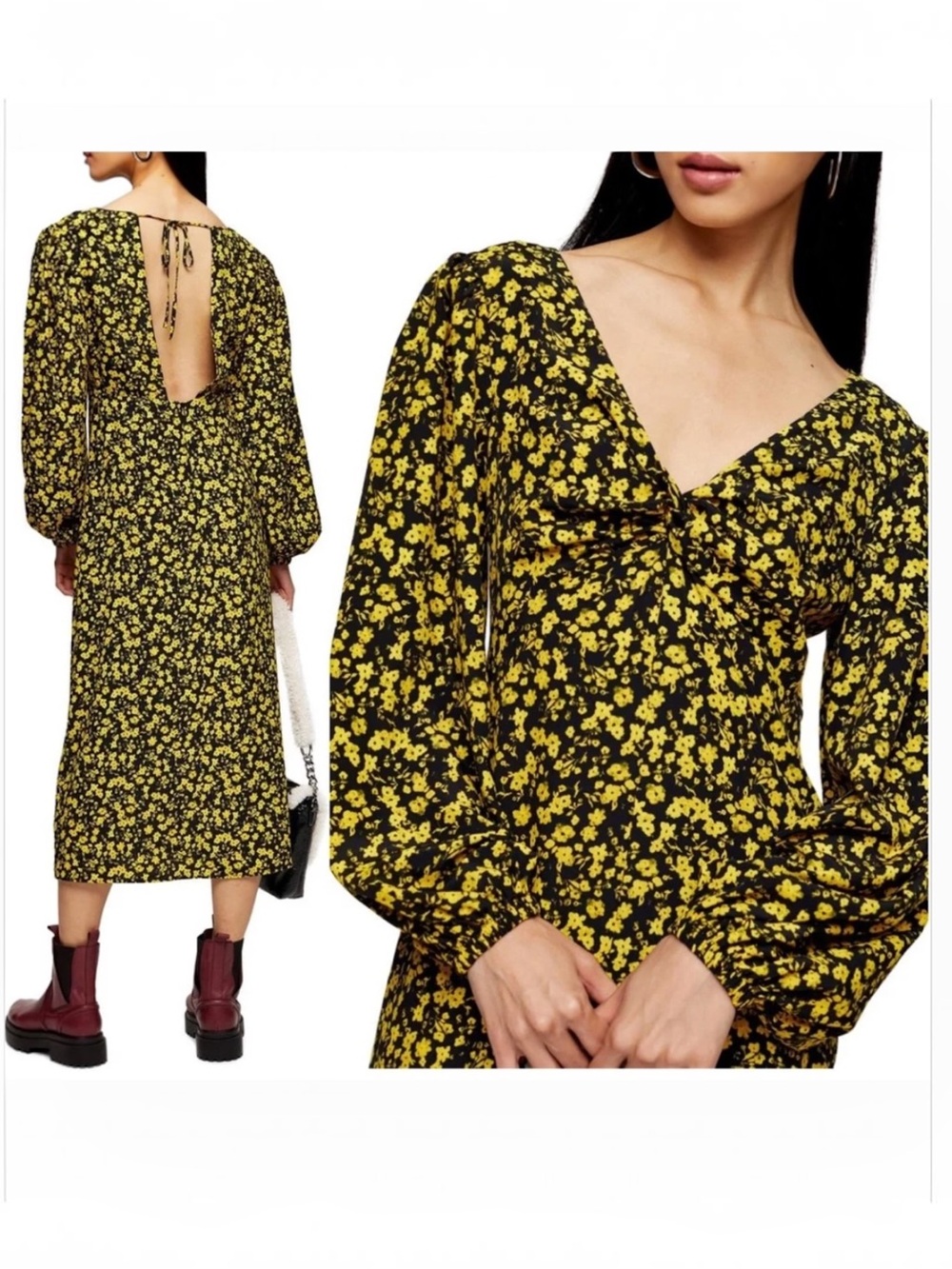 Topshop Black Yellow Floral Midi Dress Twist Front Open Back Size 6